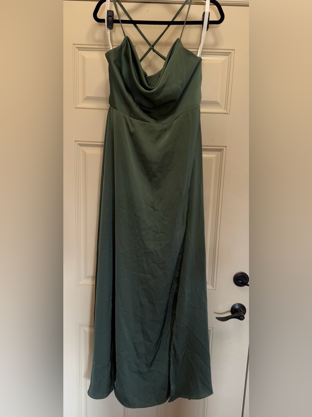 Olive Green Cowl Neck Spaghetti Strap Dress with slit